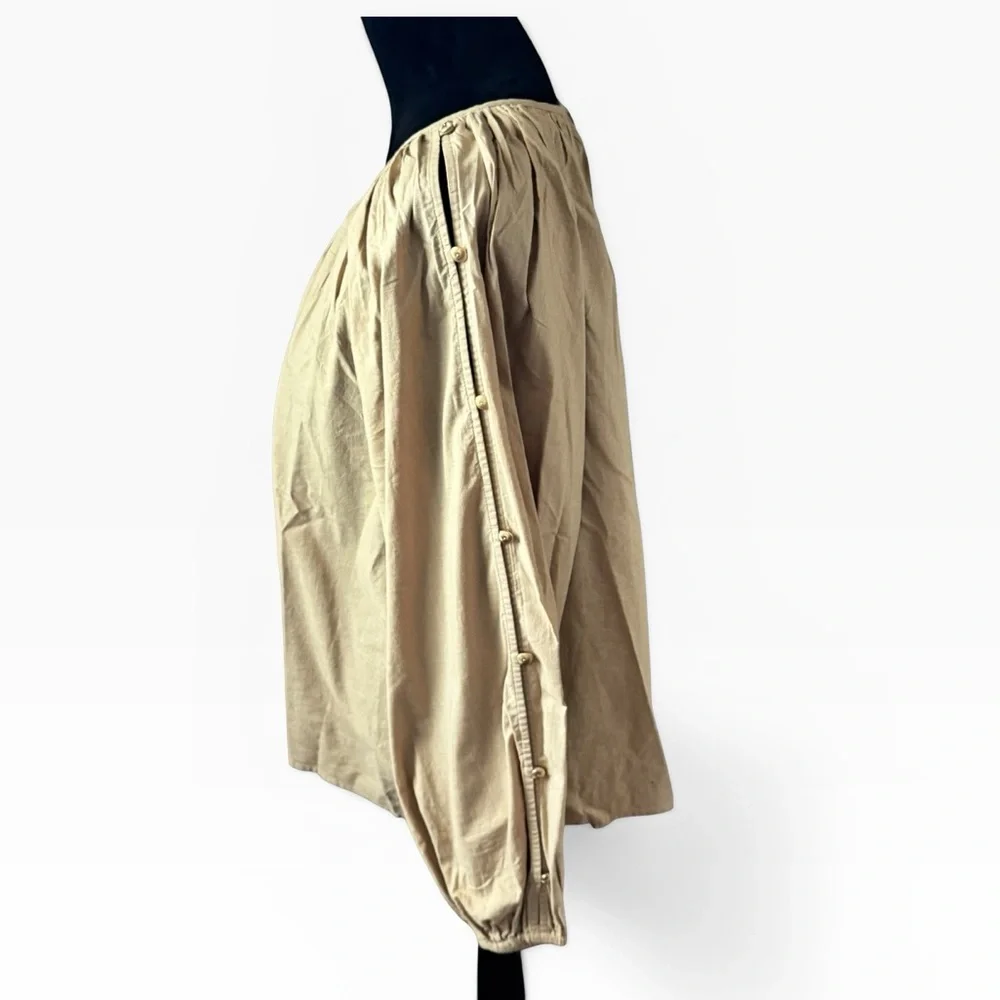 LOFT button puff long sleeves Tan Gathered split Neck Blouse Sz XL‎